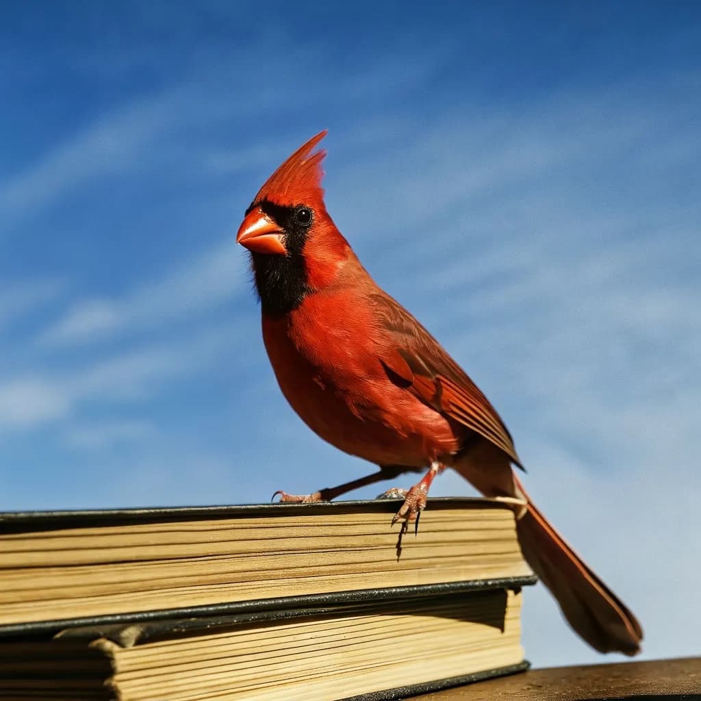 Photo of a realistic red cardinal bird perched on a stack of books with a pencil