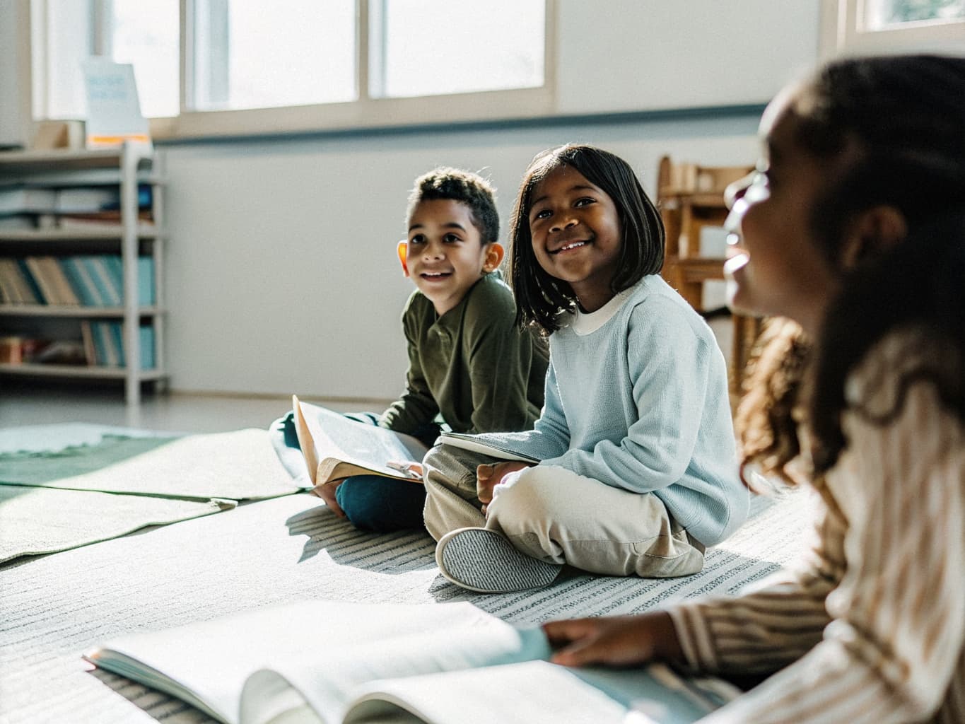 Photo of diverse young children reading together on a cozy classroom rug